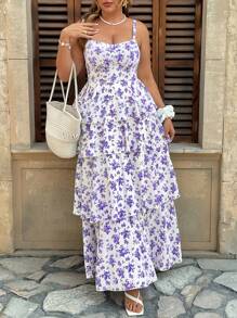 Breezaya 加大码夏季假日迷你碎花荷叶边下摆细肩带连衣裙