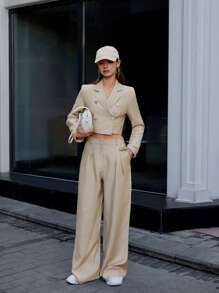 RueChic Double Breasted Crop Blazer & Wide Leg Pants - Beige - View 4