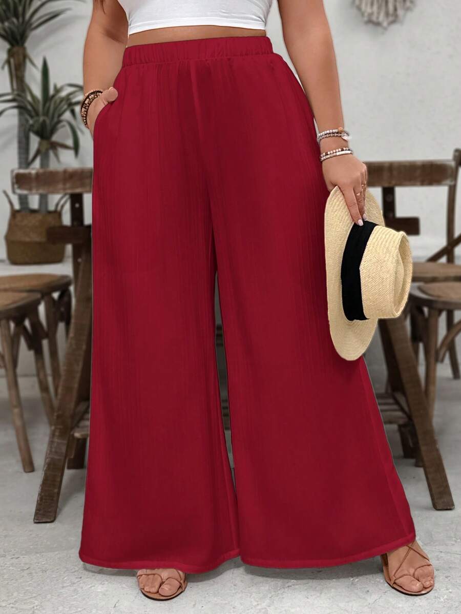 SHEIN VCAY Plus Size White Textured Loose Casual Wide Leg Pants With Pockets, Vacation/Resort Wear, Valentine's Day - Burgundy - View 1