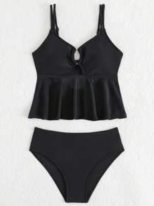 Tween Girl Spaghetti Strap Tankini Swimwear Set, New Black Solid Classic Simple Design With Front Hollow Rings, Ruffled Hem, Adjustable Straps, Suitable For Swimming And Beach Vacation - Black - View 2