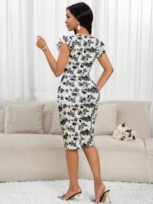 SHEIN Lady 女式 V 领花卉印花荷叶边优雅中长连衣裙女士连衣裙中长连衣裙女士服装连衣裙 - 彩色 - 查看 2