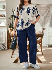 SHEIN LUNE Plus Size Allover Print Round Neck Short Sleeve Top And Pants 2 Pieces Set Summer Outfits For Women Two Pieces Set Women Summer Outfits For Women