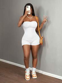 Slaydiva Women Ribbed Tube Top Jumpsuit With Shorts - Style A - White - View 5