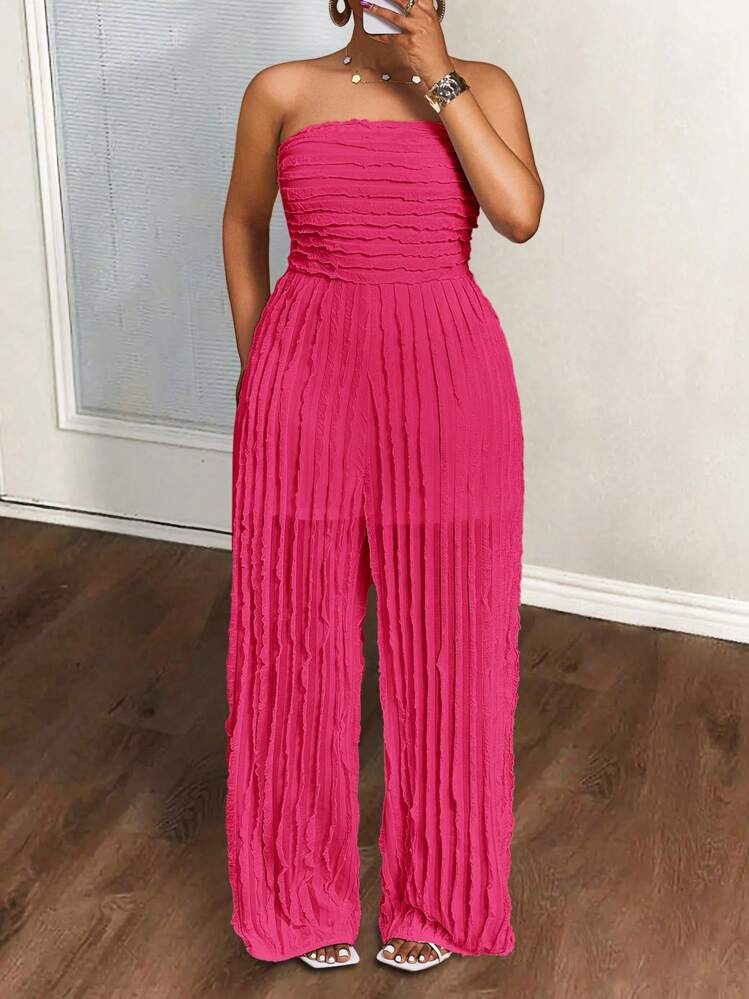 Slaydiva Plus Size Women's Casual Sleeveless Pleated Wide Leg Jumpsuit - Hot Pink - View 1