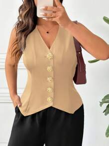 SHEIN Frenchy Plus Size Khaki Woven Fabric V-Neck Sleeveless Top With Decorative Button Casual Blouse - Khaki - View 1