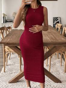 SHEIN Maternity Solid Color Round Neck Side Slit Sleeveless Bodycon Cami Dress - Red - View 5