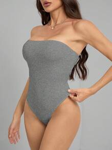 SHEIN Tall Women's Casual Grey Strapless Bodysuit: Sleeveless And Backless Design For Effortless Style - Grey - View 6