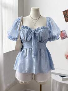 Sweetra Áo sơ mi tay bồng phong cách kỳ nghỉ thanh lịch kiểu Pháp dễ thương ngọt ngào chất liệu kết cấu công chúa nơ trang trí mới, áo bó eo - Màu xanh nhạt - Xem 7
