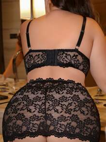 3 件大码蕾丝无线性感内衣套装 - 黑色 - 查看 6