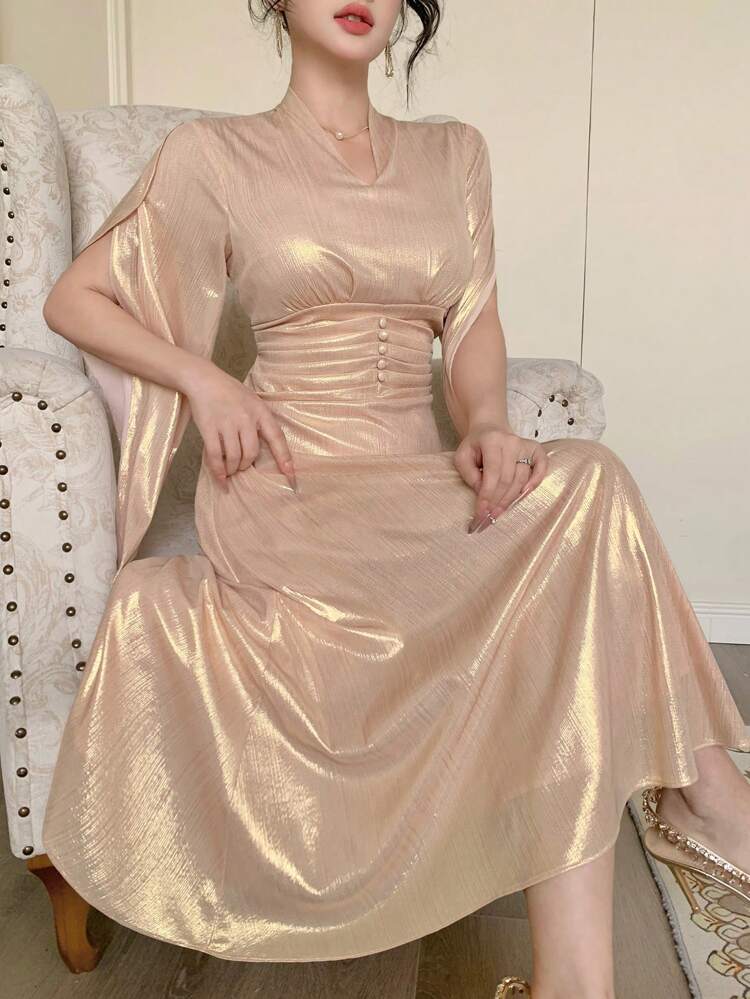 Women's Fall New High-Class Elegant Waist Gathered Midi Sundress Long Sleeve Dress