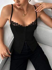 Siren Gaze Women's Summer Contrast Lace Front Button Camisole Black Casual