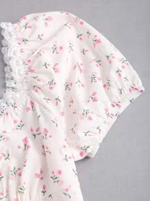 Sweetra Women's New Floral Print Ruffled Collar Bowknot Waist Puff Sleeve Blouse, Girly And Sweet, Suitable For Spring And Summer