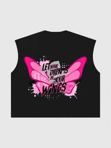 ROMWE MEN Winx Club X ROMWE Men's Letter & Butterfly Print Tank Top - Black - View 2