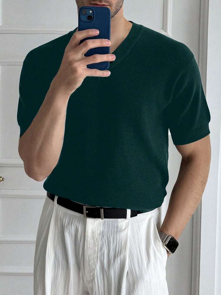 Men's Summer Solid Color Emerald Green V-Neck Design Knit Sweater