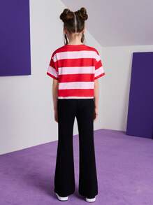 HELLO KITTY AND FRIENDS | SHEIN Tween Girl Cartoon Cat Print Striped Cute Sweet Campus Style Short Sleeve T-Shirt And Black Casual Flare Pants Set - Multicolor - View 2