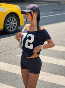 INAWLY Women's Letter Print Off-Shoulder Short Sleeve T-Shirt - Navy Blue - View 6