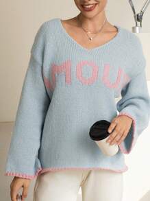 INAWLY Damen Loose Buchstaben Muster Dropped Shoulder Langarm Lässig Pullover, Herbst & Winter, Strick Pullover - Verschiedenfarbig - Übersicht 4