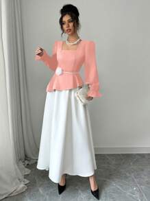 SHEIN Unity Vestido decorado con flores elegante y con bloques de color estilo INS - Rosa - Ver 5