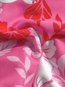 SHEIN Teen Girls Summer Beach Happy Tropical Floral Print Fuchsia Pink Spaghetti Strap Bikini Top