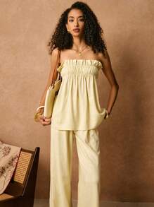 Poéselle Women's Two Pieces Suit, Linen Two Pieces Suit, With Pockets, Yellow Two Pieces Suit 2pcs/Set Vacation Casual Solid Color Bandeau Top And Long Pants Set Tube Top&Baggy Linen Pants Summer Clothes Two Pieces Outfits Summer Women Clothes Summer Two Pieces Outfits Yellow Pants Set, Butter Yellow - Yellow - View 1