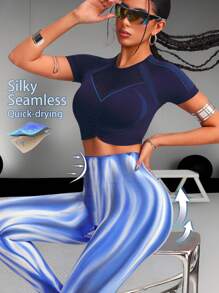 Innovista 女士运动装无缝抽象扎染运动紧身裤、高腰收腹和压缩健身服、动态渐变极光印花塑身衣、前卫独特的健身运动服、塑身和性能裤、骑行、自行车、跑步、有氧运动、力量、举重、普拉提、拳击、户外、徒步、露营、越野、瑜伽、垫子、排球、攀岩、音乐节、派对、电动、打底层、蓝色、白色、Y2K、春夏装备、入门运动服