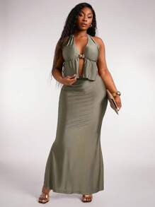 SHEIN SXY Plus Size Women 2pcs Set Summer Vacation, Metal Shell Clasp Decorative Halter Sexy Open Back Top & Fish Tail Maxi Skirt 2 Pieces Set, Suitable For Everyday Wear, Music Festival, Concert, Carnival Party, Beach Vacation, Date Night, Birthday, Bachelorette Party Outfit, Club, Cute, Casual, Shopping, Streetwear, Going Out, Easy To Match & Looks Slim, Accent Your Body, Flatter The Figure - Green - View 8