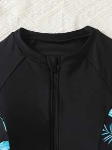 SHEIN 少女黑色拉链插肩袖热带植物印花上衣短裤泳衣套装，沙滩装泳衣夏季，冲浪