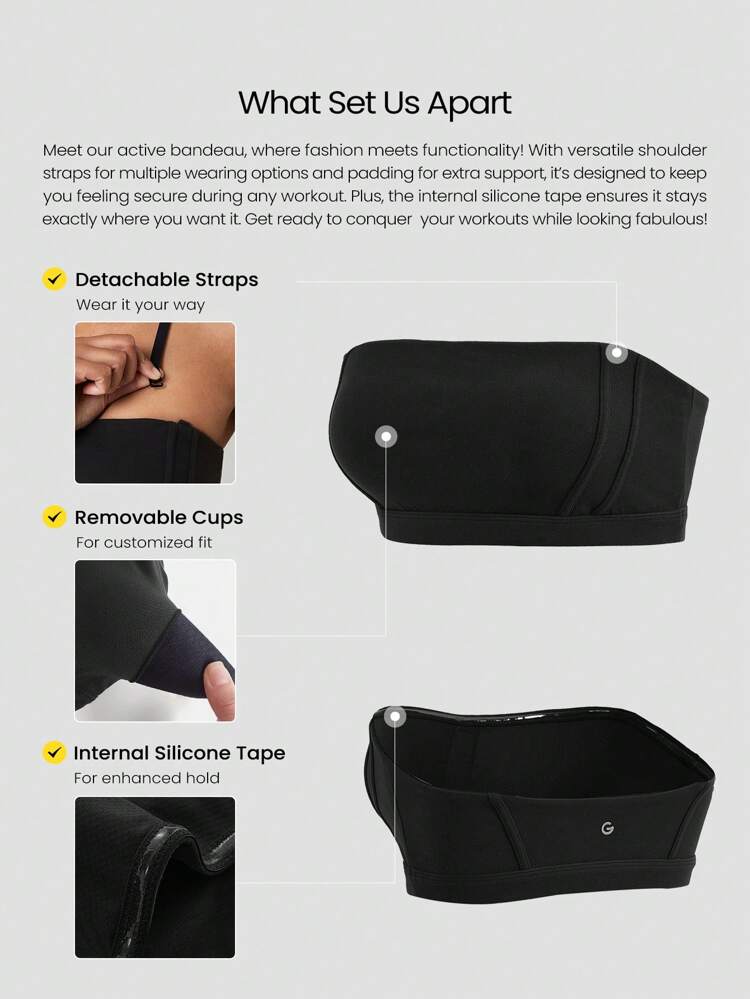 FeatherFit™-Sculpt Level Up Contrast Strip Corset Anti-Slip Cropped Bandeau Tube Top Bra Top Low Impact Yoga Pilates Daily Active Wear Removable Cups