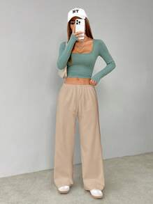 SHEIN PETITE Pantalones de casa tejidos suaves y blancos, pantalones holgados - Caqui - Ver 8