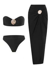 Swim Oasis Women's Summer Beach Premium Solid Color Bandeau Tactile Metallic Shell Decor Black Swimwear Set With Solid Color Maxi Skirt