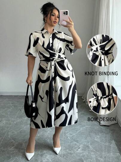 Elenzga Casual Plus Size Shirt Collar Short Sleeve Printed Dress