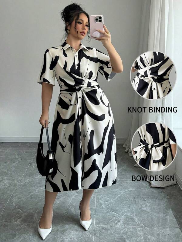 Elenzga Vestido de talla grande informal con cuello de camisa y manga corta con estampado