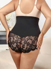 SHEIN Plus Size Women Lace Splice Shaping Tummy Control Pants - Black - View 2