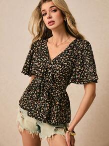 Poéselle Women's V-Neck Floral Print Summer Casual Short Sleeve Shirt