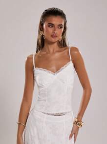 SHEIN BAE Women's Elegant White Woven Fabric Camisole With Delicate Lace Trim And Spaghetti Straps - White - View 6