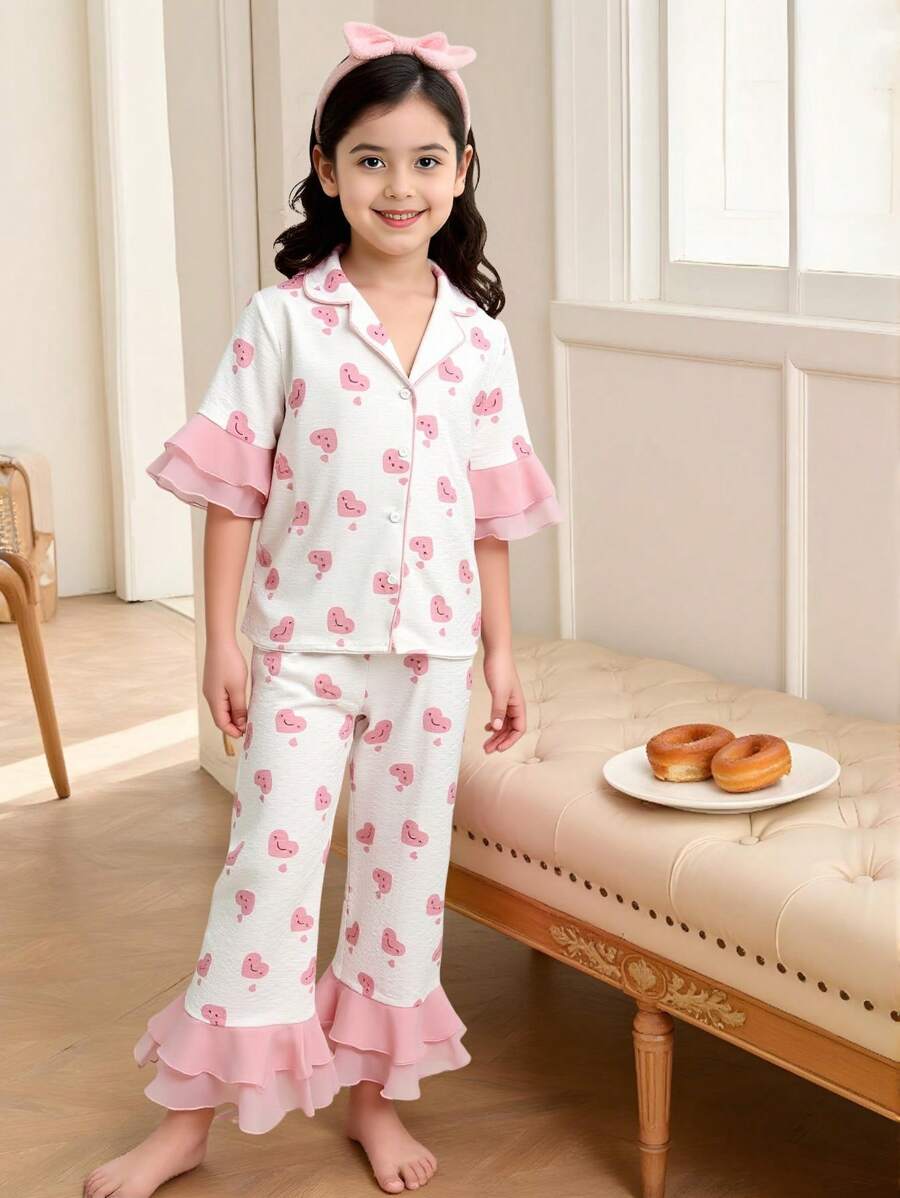 SHEIN Tween Girl Cartoon Heart Pattern Collar Button Short Sleeve Chiffon Ruffle Trim Relaxed Pajama Set, 2pcs - Baby Pink - View 1