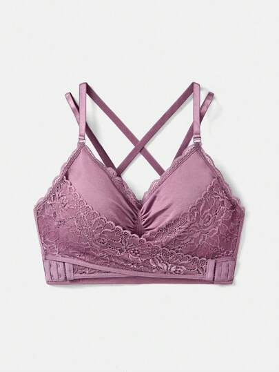 SHEIN 1pc Teen Girl Solid Color Contrast Lace Criss Cross Back Lingerie