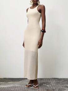 Lumivelle Summer Minimalist Textured Knit Camisole Dress - Apricot - View 6