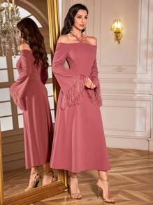 Modelyn Women's Solid Color Halterneck Flare Sleeve Halter Midi Dress, Elegant Wedding Party Dinner Dusty Rose Autumn - Pink - View 6