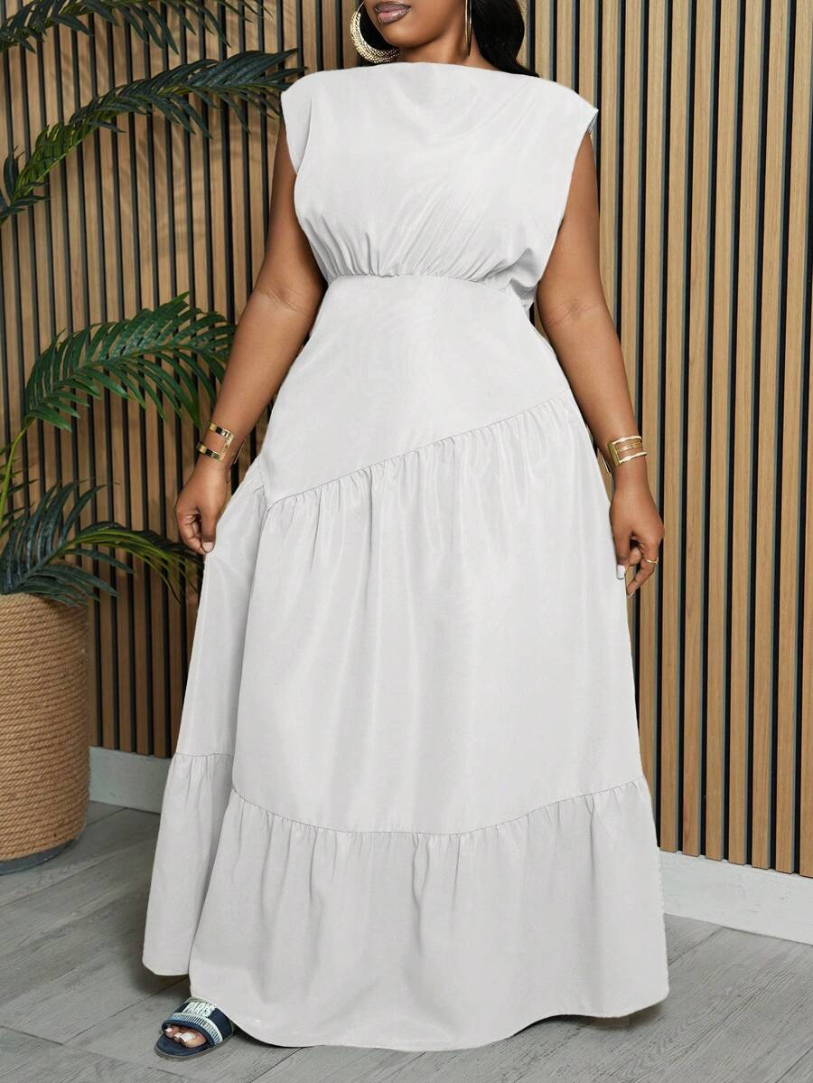 Slaydiva Plus Size Women's Elegant Cocktail Party Vacation V-Neck Sleeveless Solid Color Asymmetrical Cutout Patchwork Thin Long Dress, Spring/Autumn - White - View 1