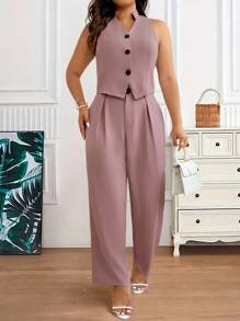 SHEIN LUNE Plus Size Women Minimalist Sleeveless Vest & Blazer Suit Outfit
