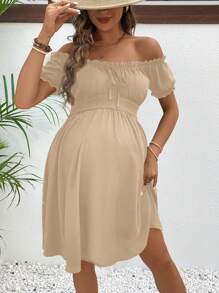 SHEIN Umstandsmode- Einfarbiges Kleid mit Rüschen, Off-Shoulder, Taille mit Tunnelzug, Lässig