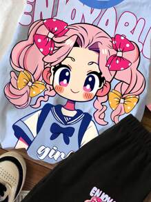 SHEIN 2 件装 Tween Girls 休闲可爱卡通女孩图案 T 恤和短裤套装，夏季 - 彩色 - 查看 3