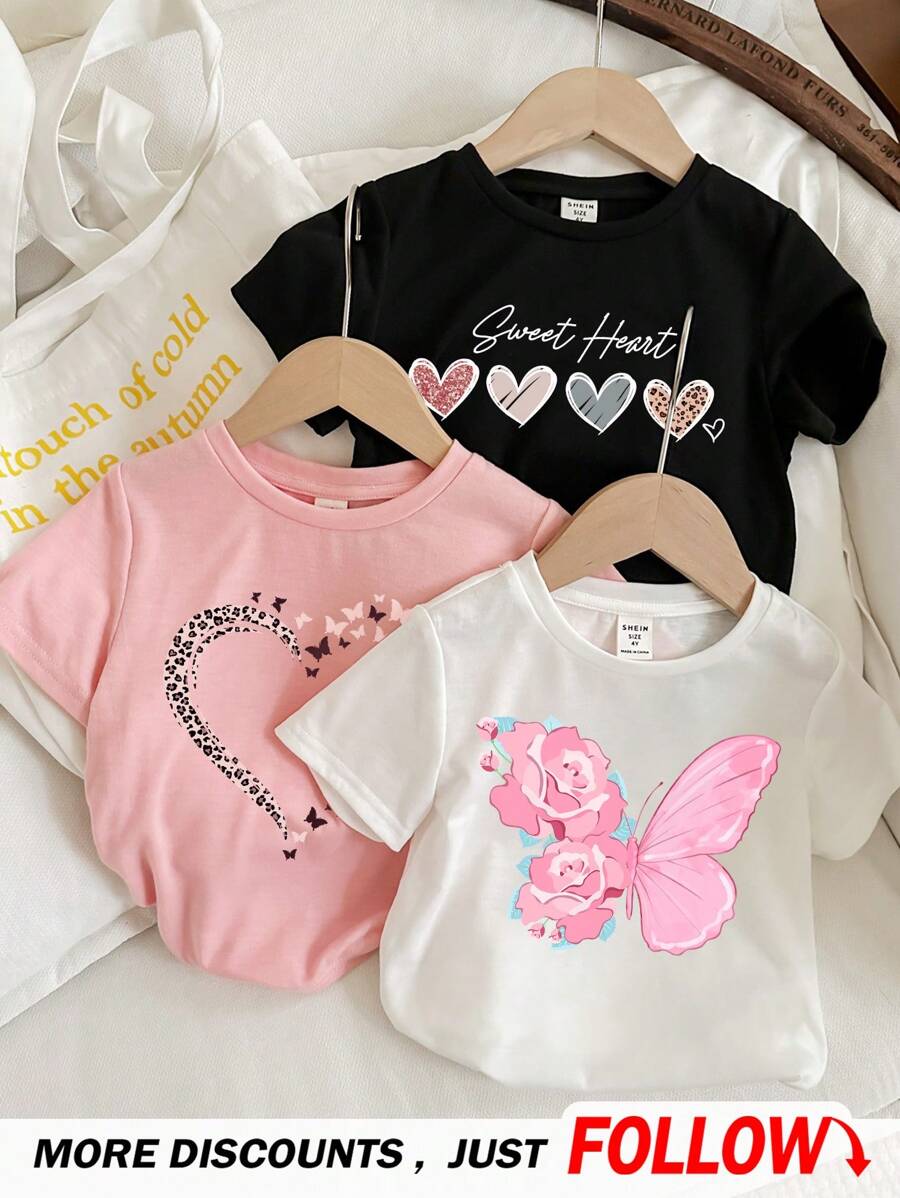 SHEIN ModeFlare Wear 年轻女孩 3 件套夏季休闲粉色蝴蝶、豹纹和心形印花卡通图案 T 恤，适合夏季