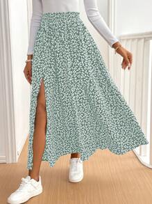 SHEIN Frenchy Váy xòe họa tiết hoa nhỏ xinh xắn cho ngày lễ thường ngày của phụ nữ - màu xanh lá - Xem 5