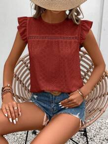 SHEIN Frenchy Eyelet Embroidery Ruffle Trim Round Neck Lace Trimmed Tee Christmas Summer New Year Red Casual Valentine's Day - Red - View 4