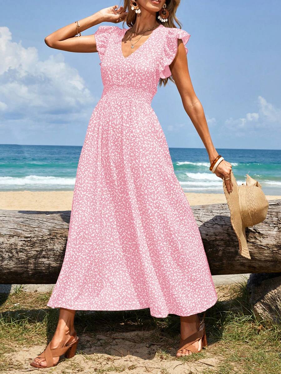 SHEIN Cottnline Women's Shirred Ruffle Sleeve Drawstring Waist Ditsy Floral Vacation Dress - Baby Pink - View 1