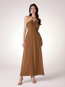 Heiryn Casual Beach Maxi Halter Dress For Women - Brown - View 2