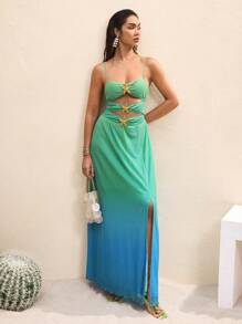 BY FELIZIA Blue-Green Gradient Printed Mesh Metal Gold Heart Hollow Backless Maxi Dress, Suitable For Vacation And Festivals, Boho Vacation Sundress Beach Dresses For Women Beach Formal Dress Women Dresses Beach Vacation Dresses Summer Dresses - Multicolor - View 4