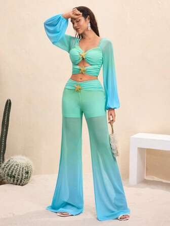 BY FELIZIA Women's Blue Green Gradient Printed Mesh Pleated Wide Belt Starfish Flared Wide Leg Pants Beach Holiday Outfits Women S Summer Clothes Women S Clothes Women Clothing Casual